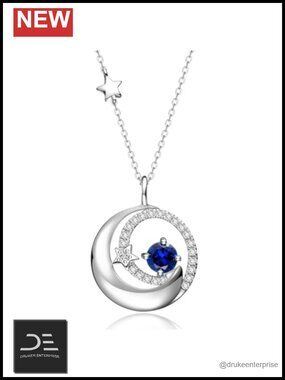 Moon & Star Birthstone Necklace 925 Sterling Silver White Gold Plated
